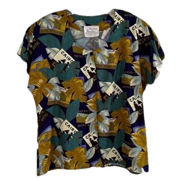 NWT VINTAGE MARJORIE HAMILTON Short Sleeve Travel Print Blouse M - Picture 2 of 16